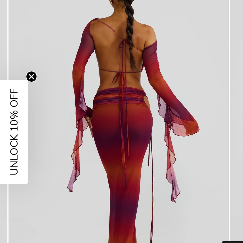 Backless Ombre Sheer-Sleeve Maxi Dress - Red Pink